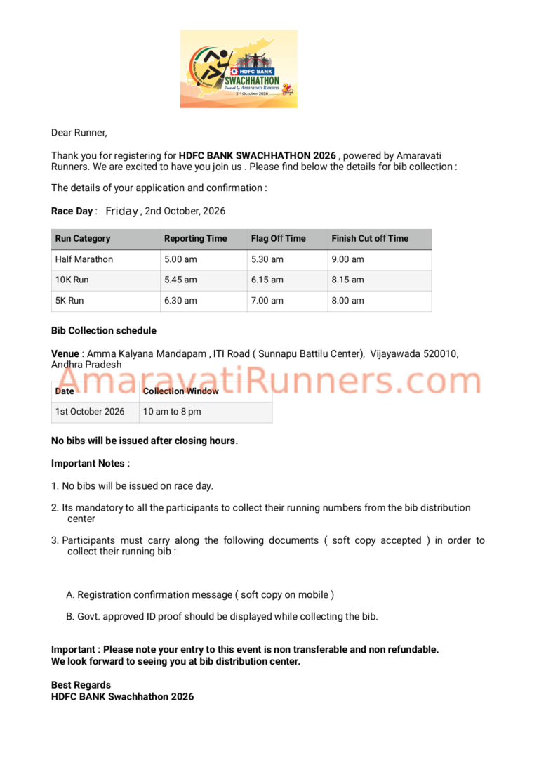 BIB & T-Shirt pickup, Amma Kalyana Mandapam, ITI Road (Sunnapu Battilu Center), Vijayawada 520010. Swachhathon 2026 by Amaravati Runners